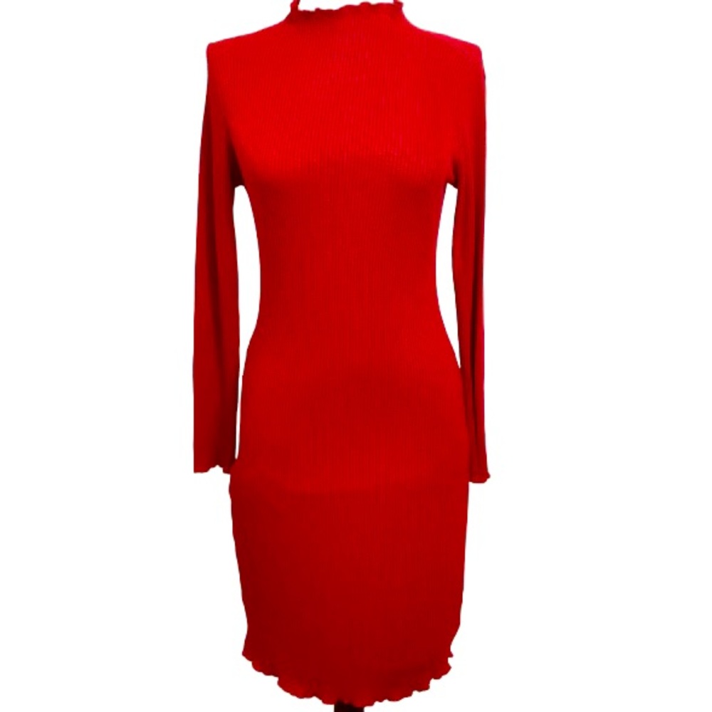 Papermoon Hannah Red Ribbed Mock Turtleneck Sweater Dress | Large
